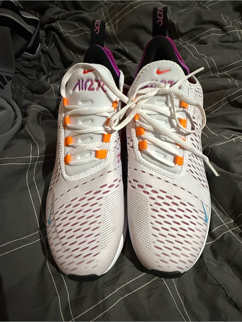 Nike Women’s Air 270 White Shoes with Orange and Purple Accents